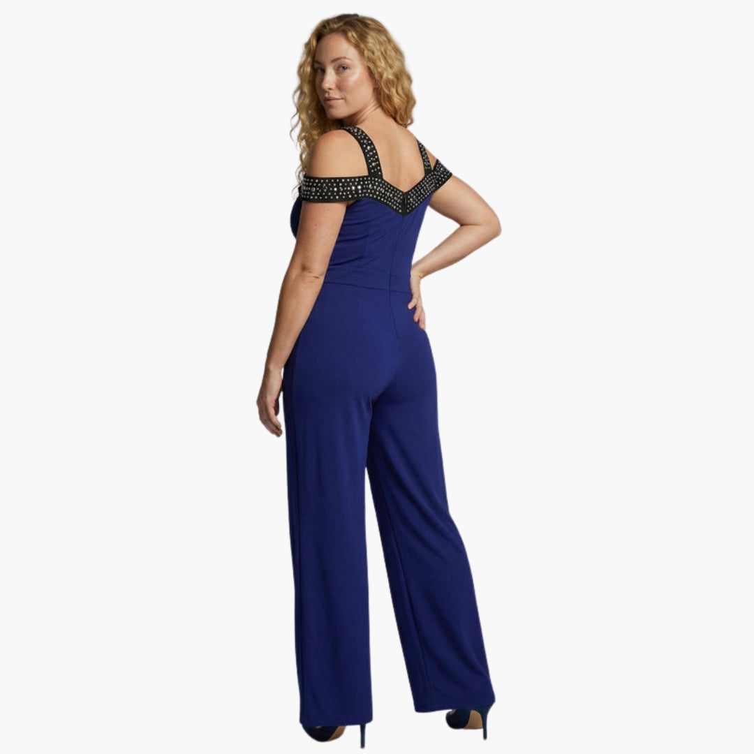 Women's jumpsuit with bare shoulders, V-neck, and wide legs