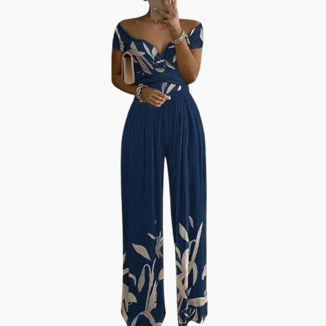 Printed women's jumpsuit with bare shoulders and wide legs