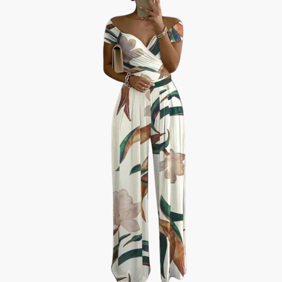 Printed women's jumpsuit with bare shoulders and wide legs