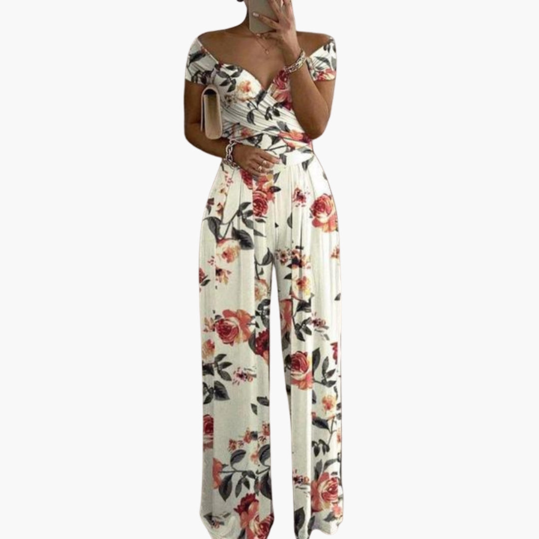 Printed women's jumpsuit with bare shoulders and wide legs