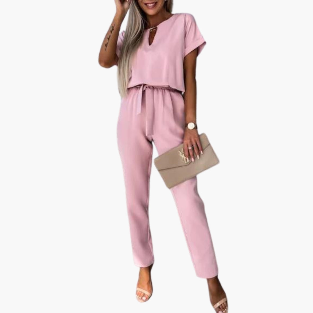 Women's short-sleeved jumpsuit with V-neck