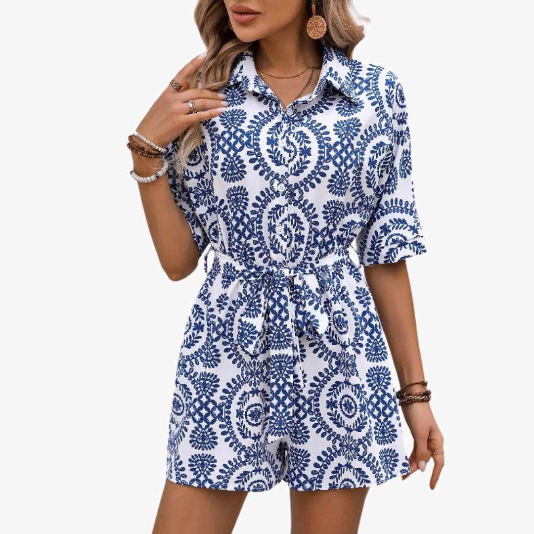 Women's short jumpsuit with shirt collar and tie belt