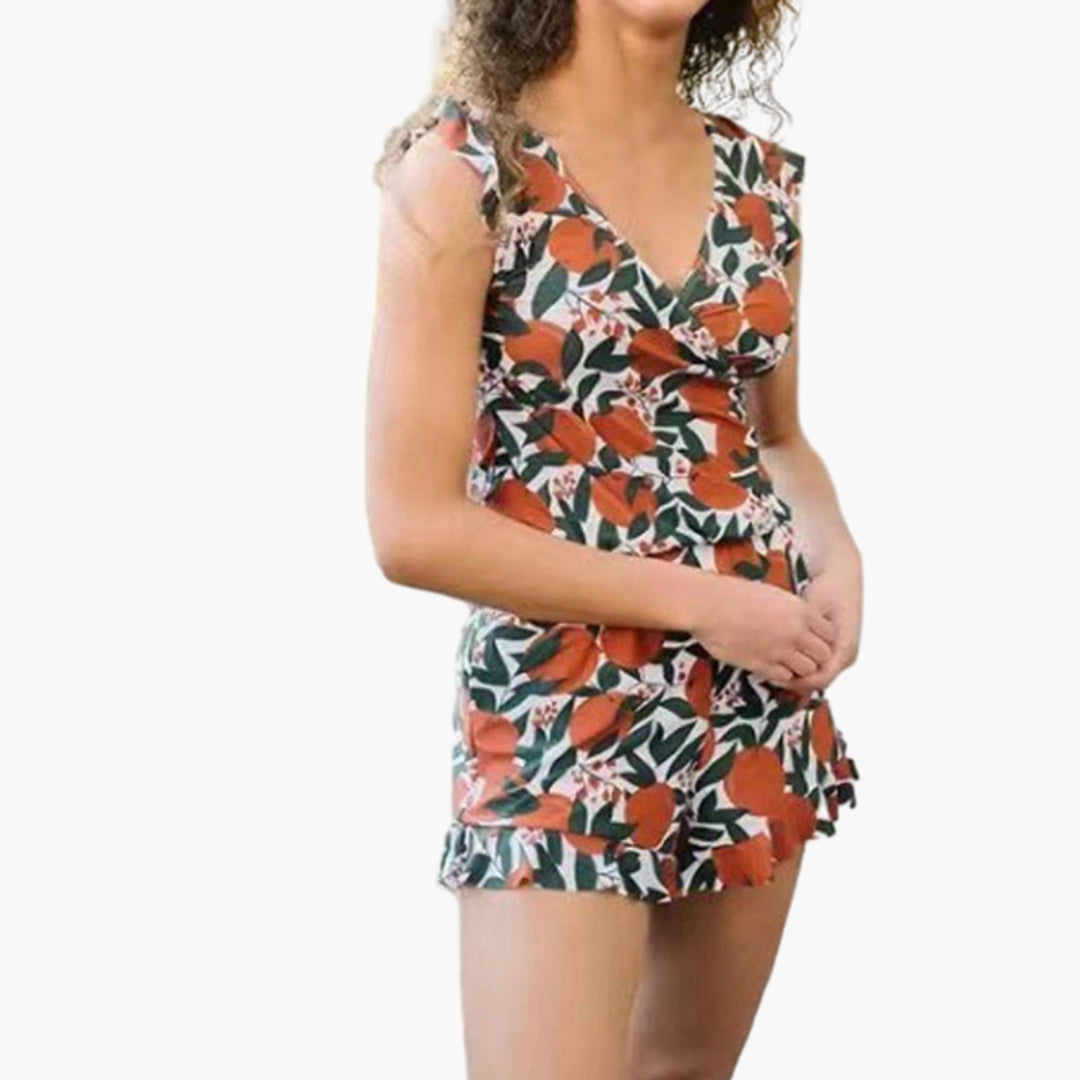 Women's Romper with Ruffles, V-Neck, and Pockets