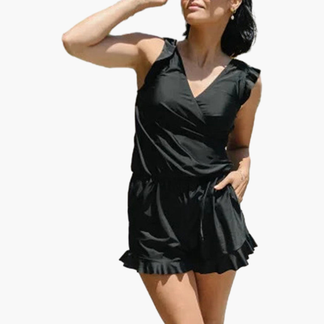 Women's Romper with Ruffles, V-Neck, and Pockets