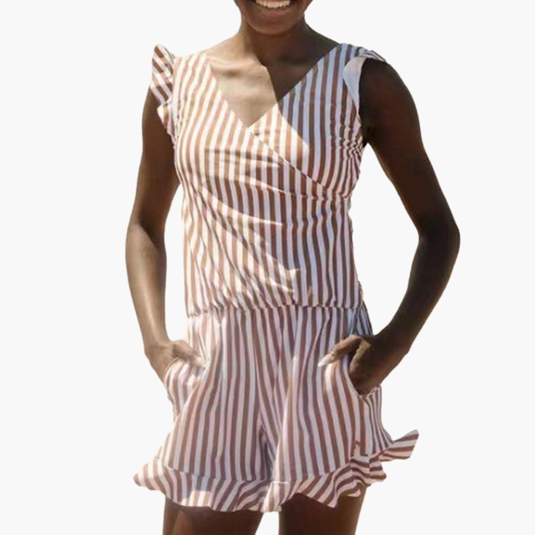 Women's Romper with Ruffles, V-Neck, and Pockets
