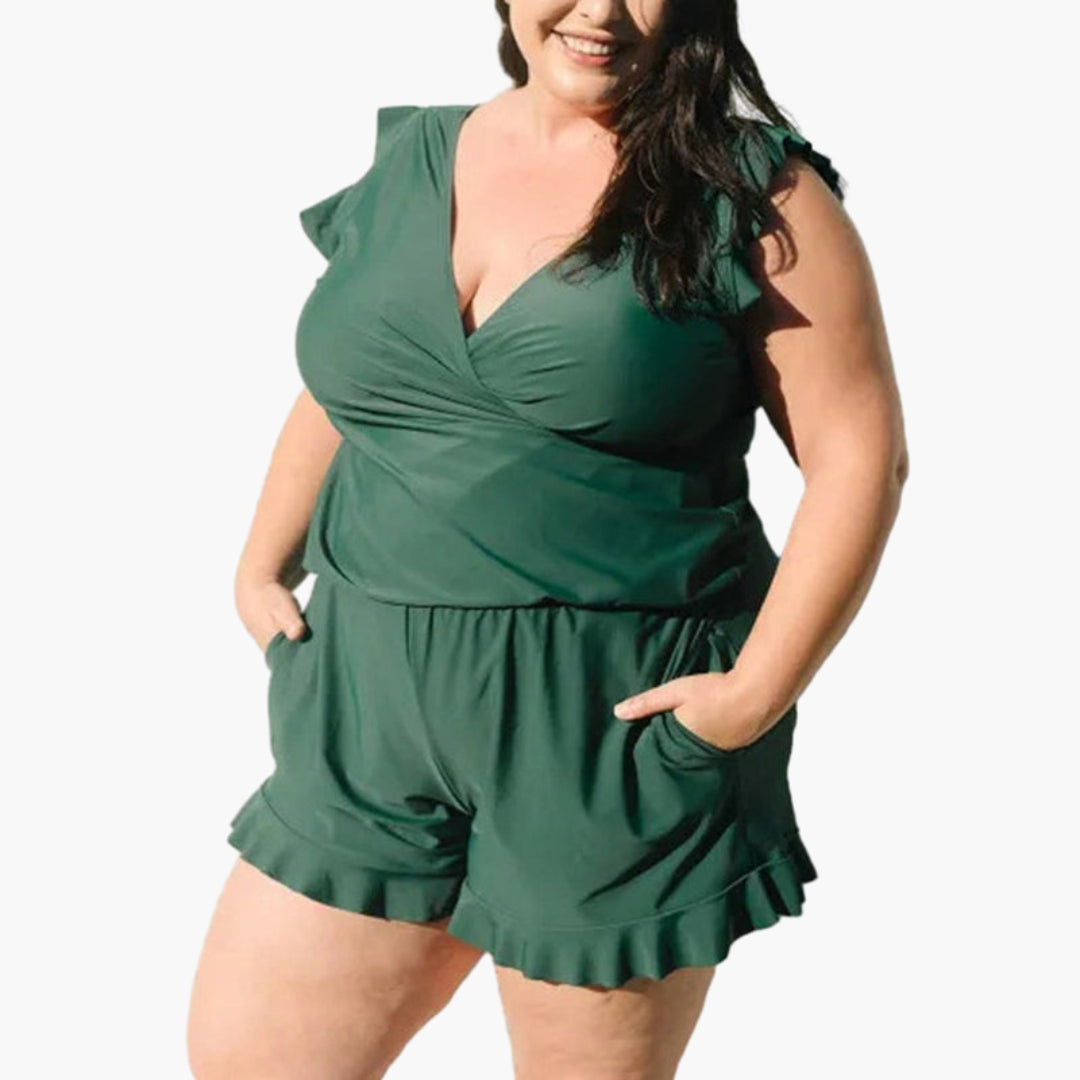 Women's Romper with Ruffles, V-Neck, and Pockets