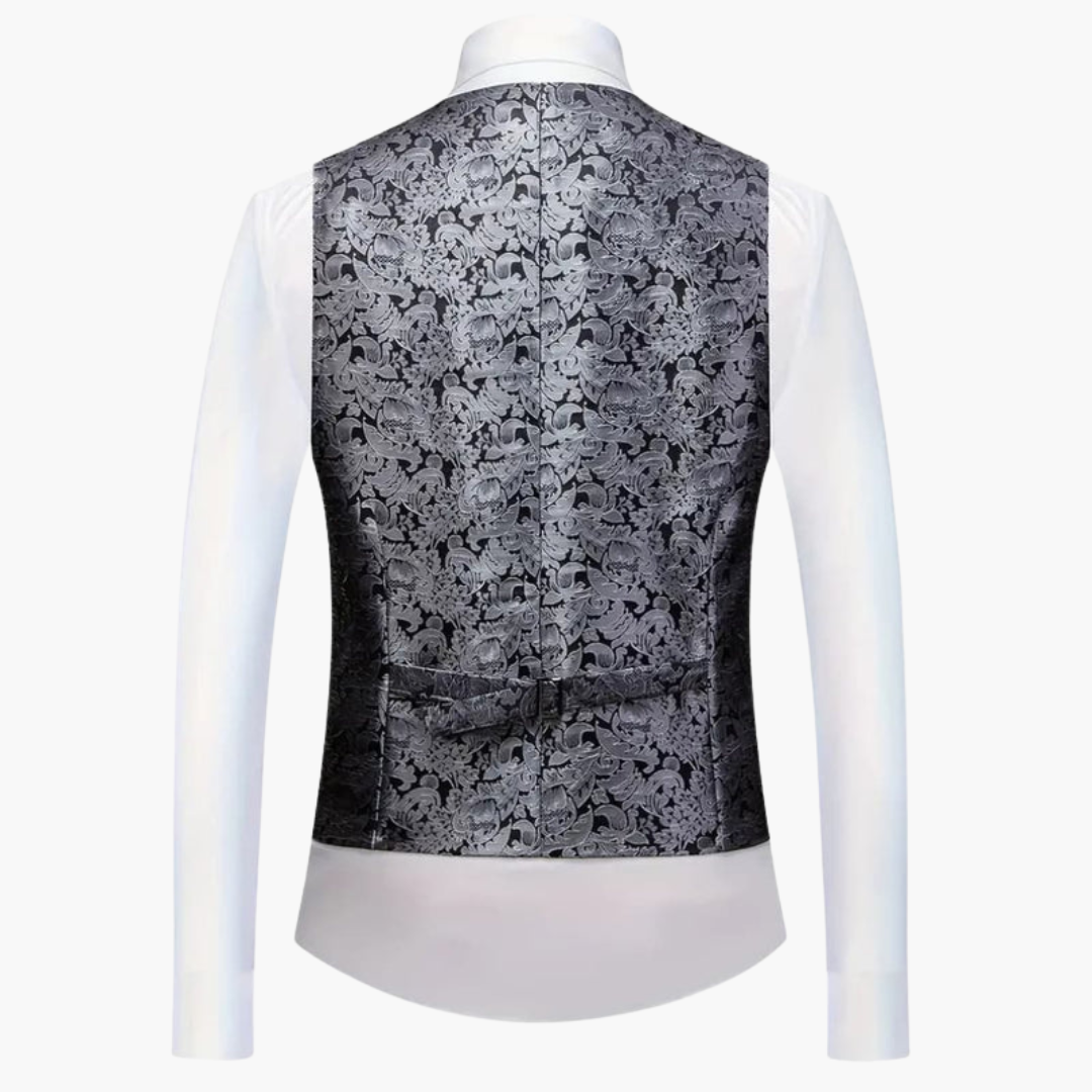 Three-piece men's jacquard suit with satin lapels and slim-fit trousers