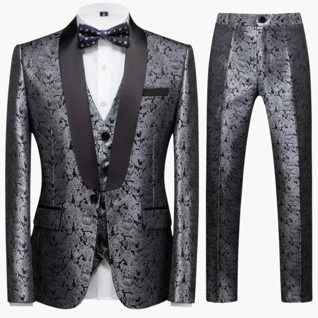 Three-piece men's jacquard suit with satin lapels and slim-fit trousers