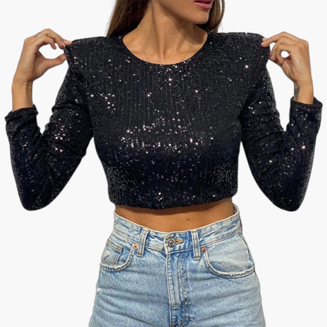 Women's short top with sequin surface and long sleeves