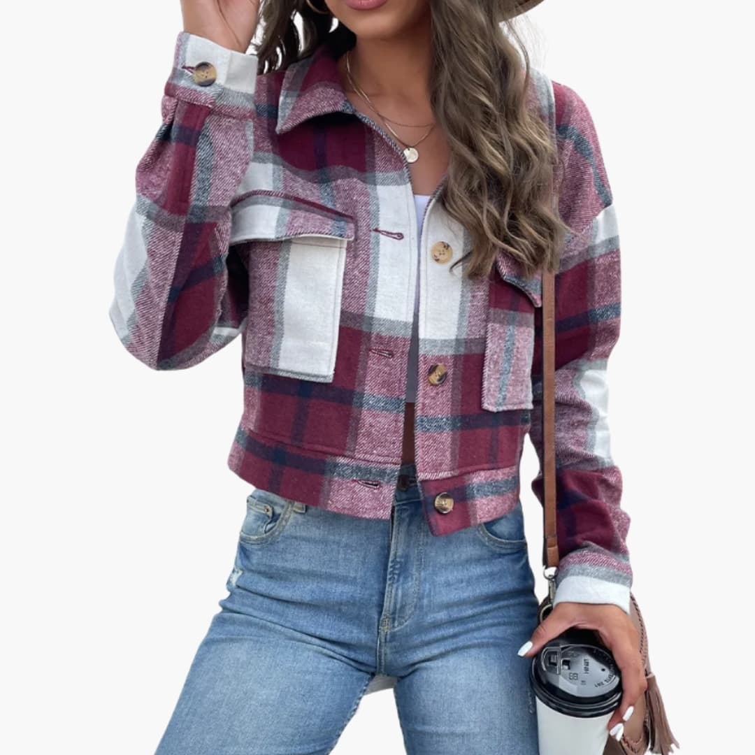 Women's Plaid Jacket with Long Sleeves and Button Closure