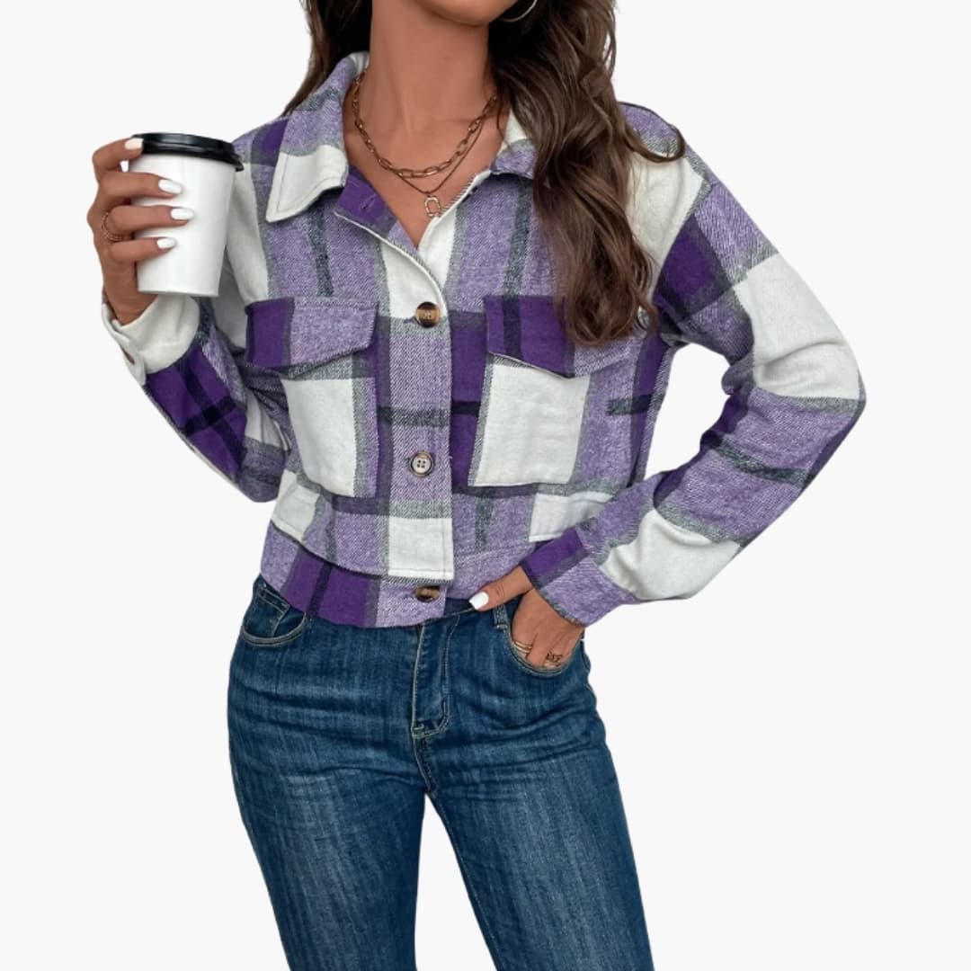 Women's Plaid Jacket with Long Sleeves and Button Closure