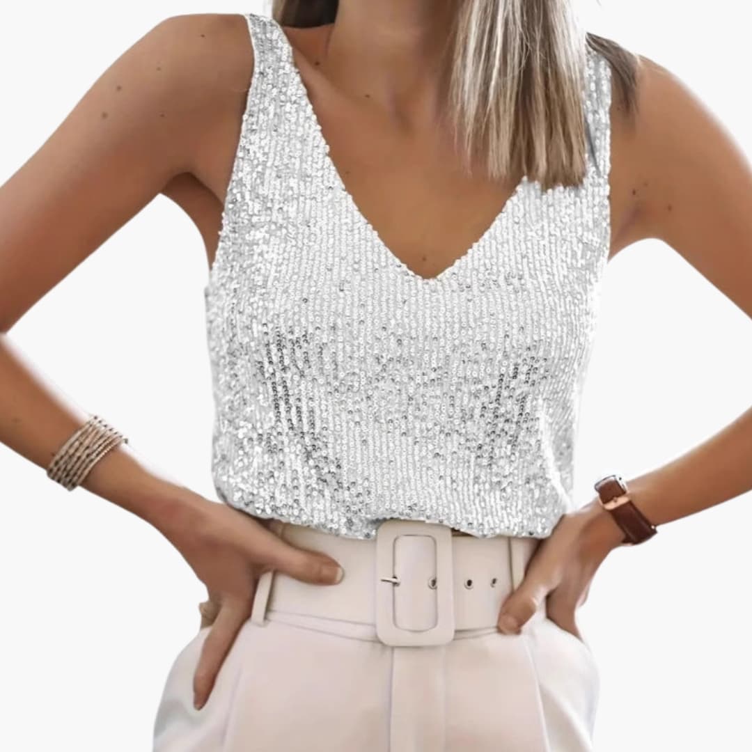 Top scintillant pour femme à col en V, orné de sequins étincelants
