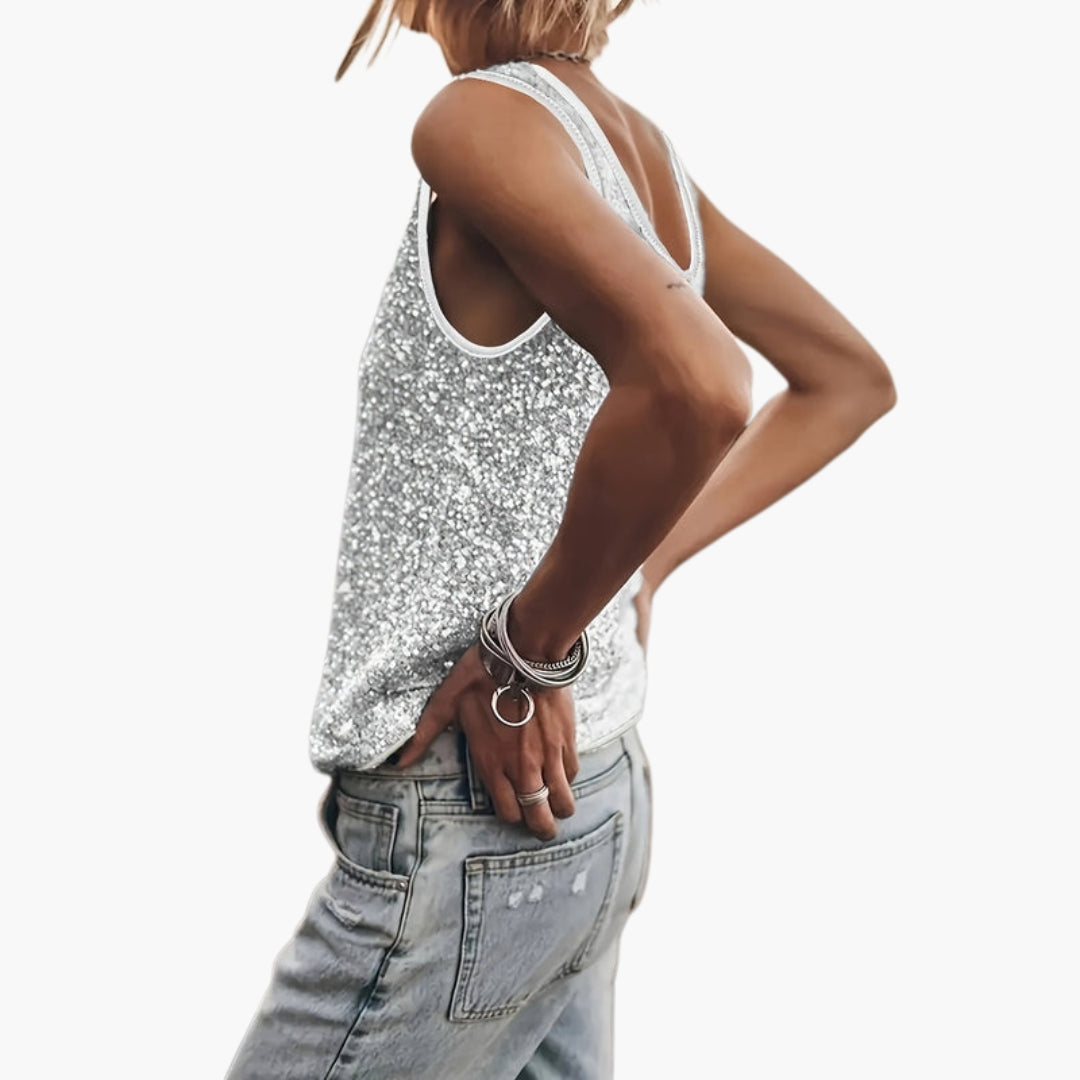 Women's Scoop Neck Tank Top with Cutout and Sequin Surface