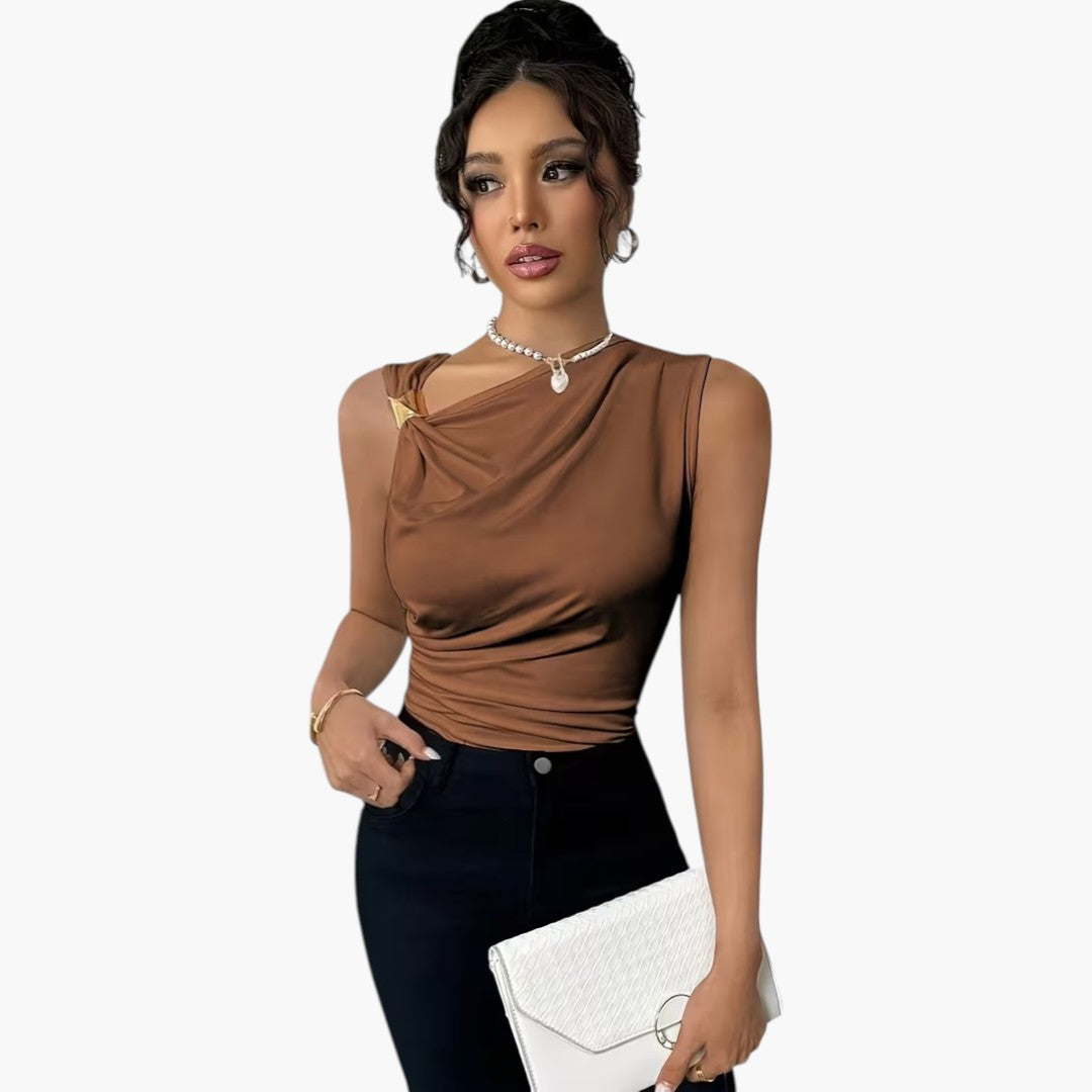 Women's Tank Top with Asymmetric Neckline and Draped Front