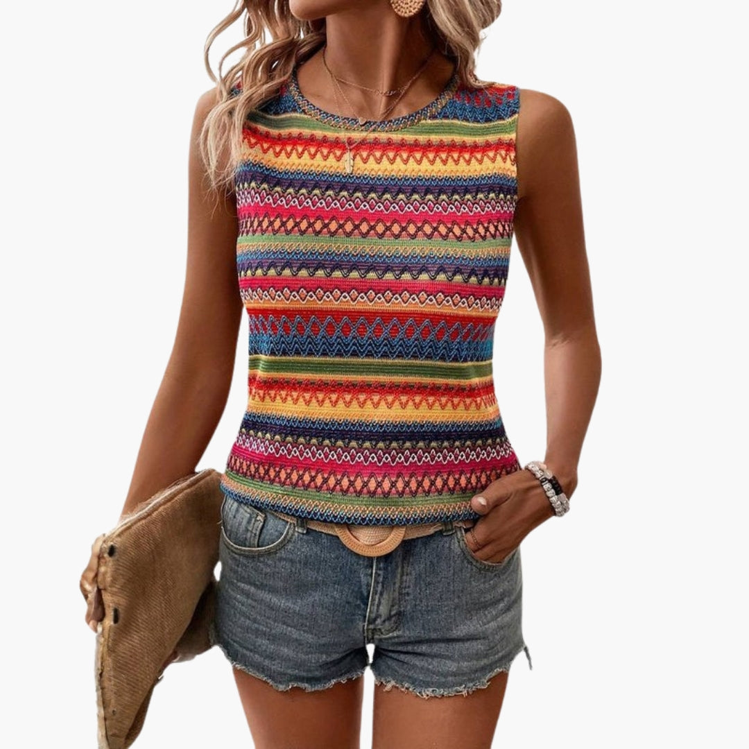 Top donna con scollo rotondo e superficie a motivo