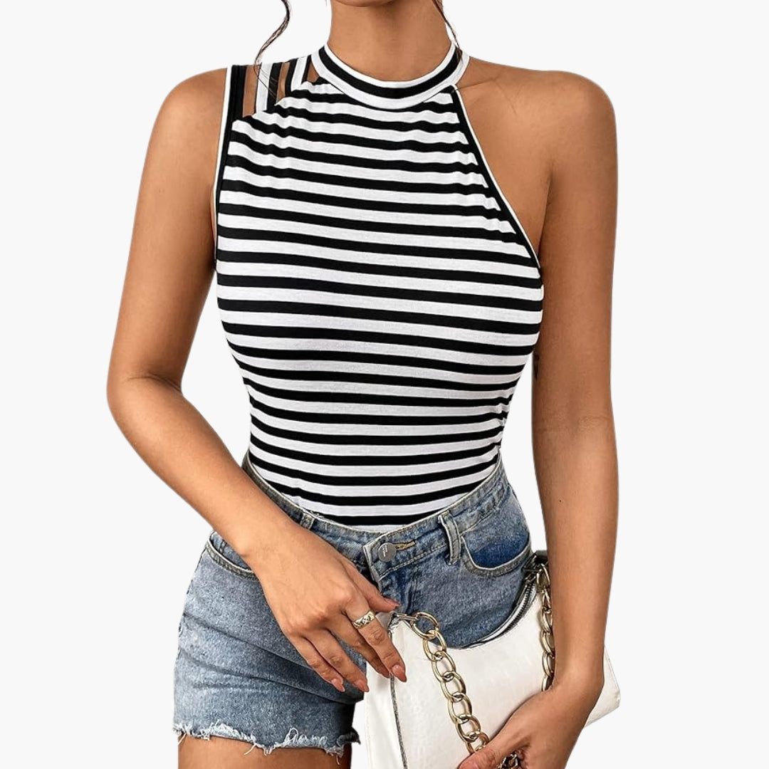 Women's tank top with high neck and striped pattern