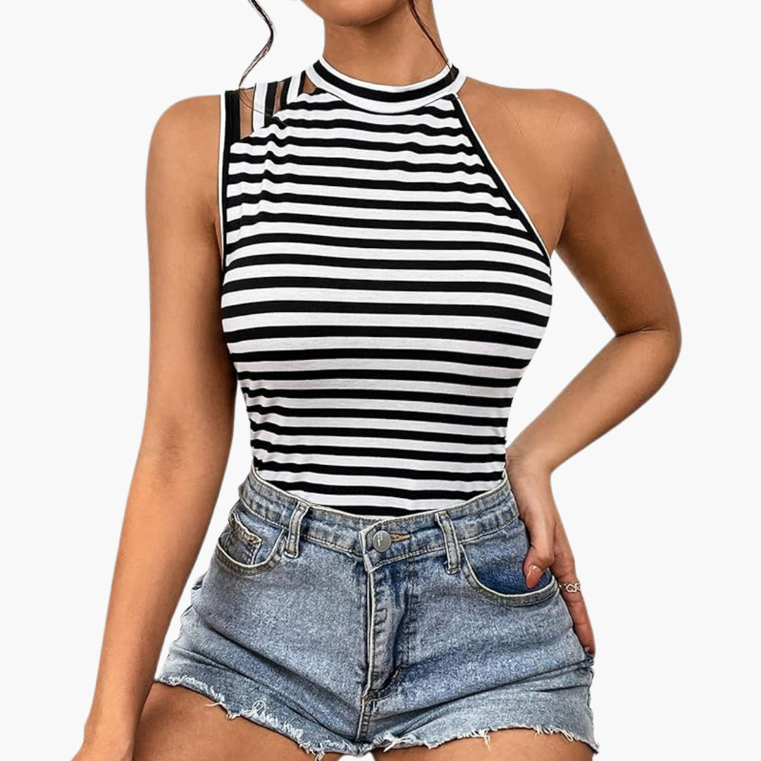 Women's tank top with high neck and striped pattern