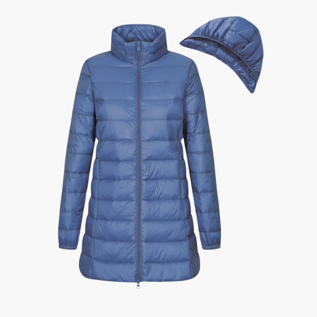Long women's down jacket with hood