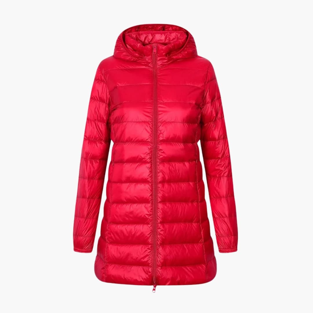 Long women's down jacket with hood
