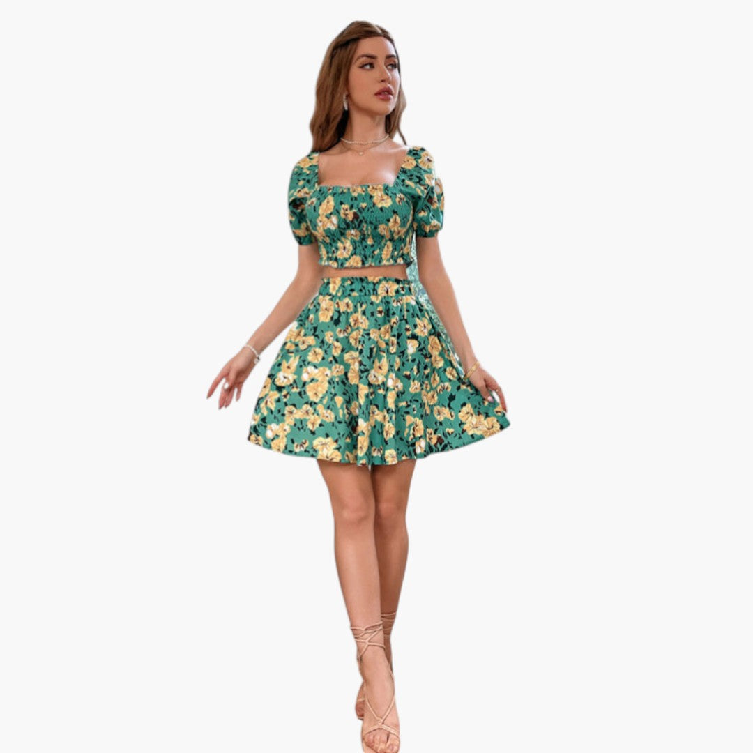 Conjunto Mulher Top com Estampa Floral e Saia com Cintura Elástica