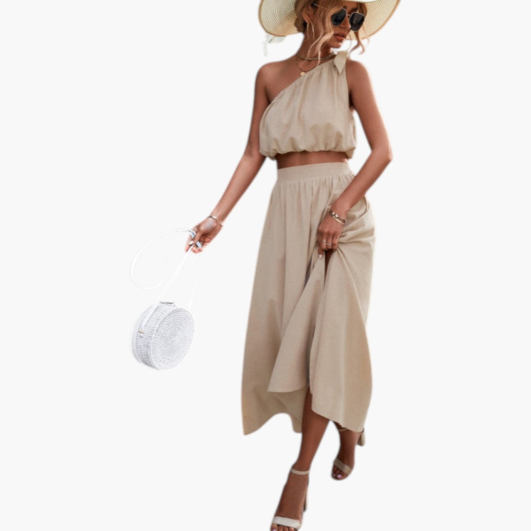 Women's Skirt Set with One-Shoulder Top and Side Slit