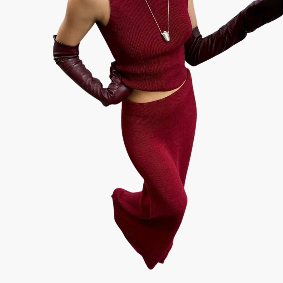 Women's Skirt Set with Ribbed Surface and High Collar