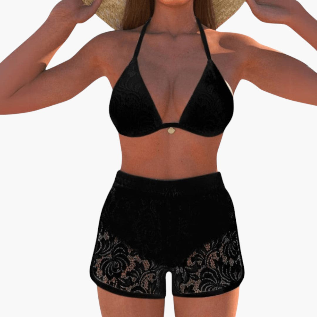 Women's two-piece swimsuit with halter neck and lace trim