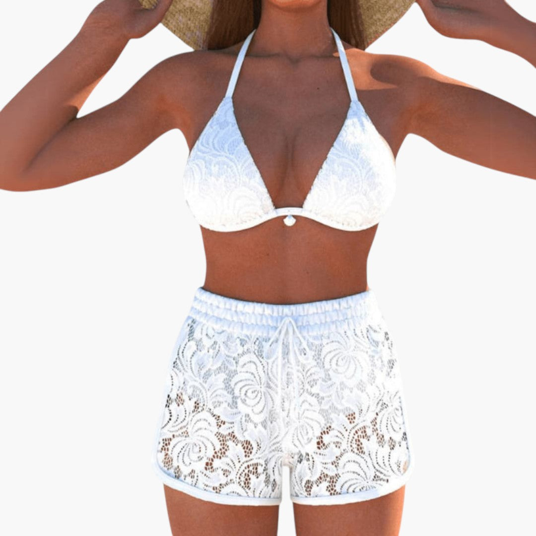 Women's two-piece swimsuit with halter neck and lace trim