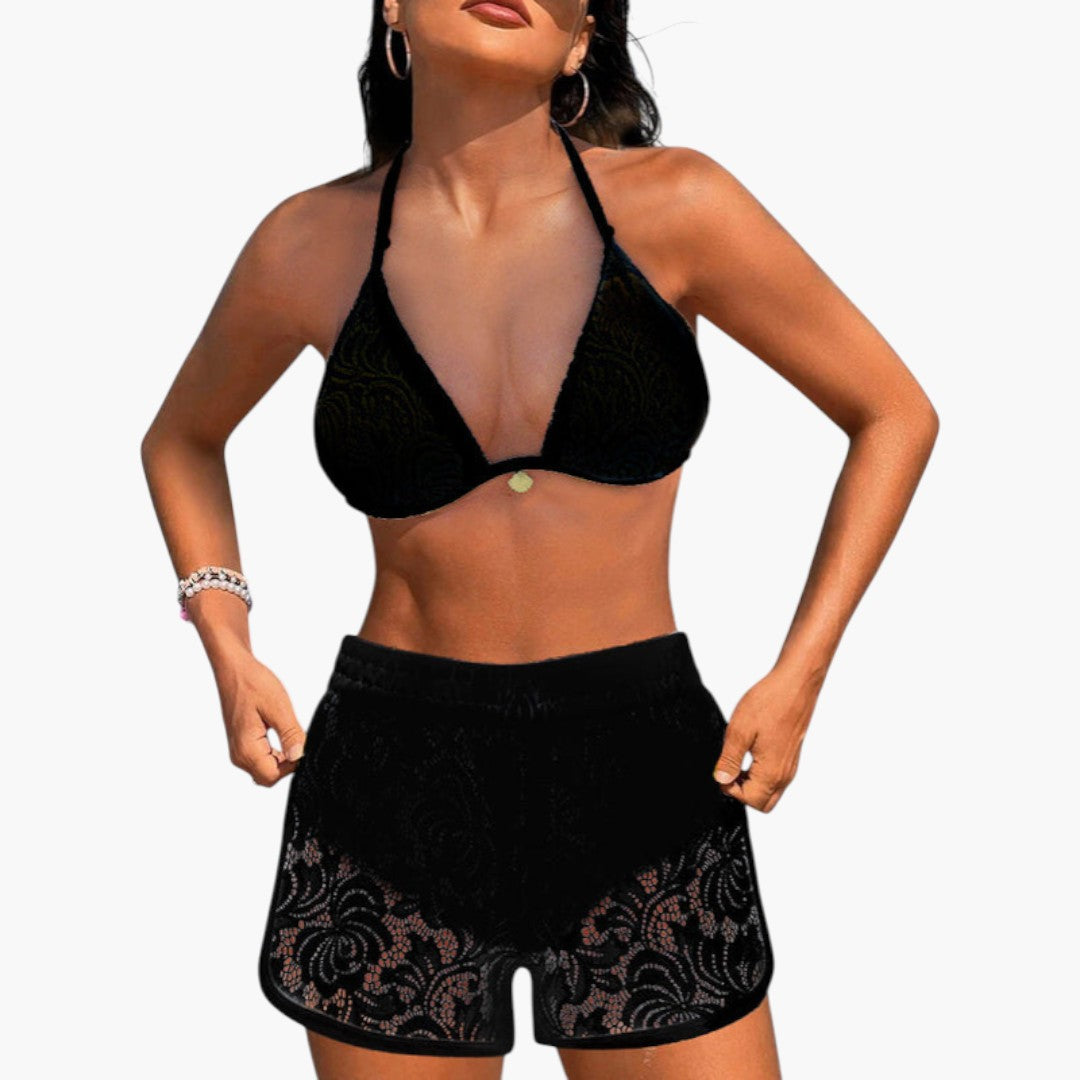 Sæt med bikini til kvinder med blonder shorts