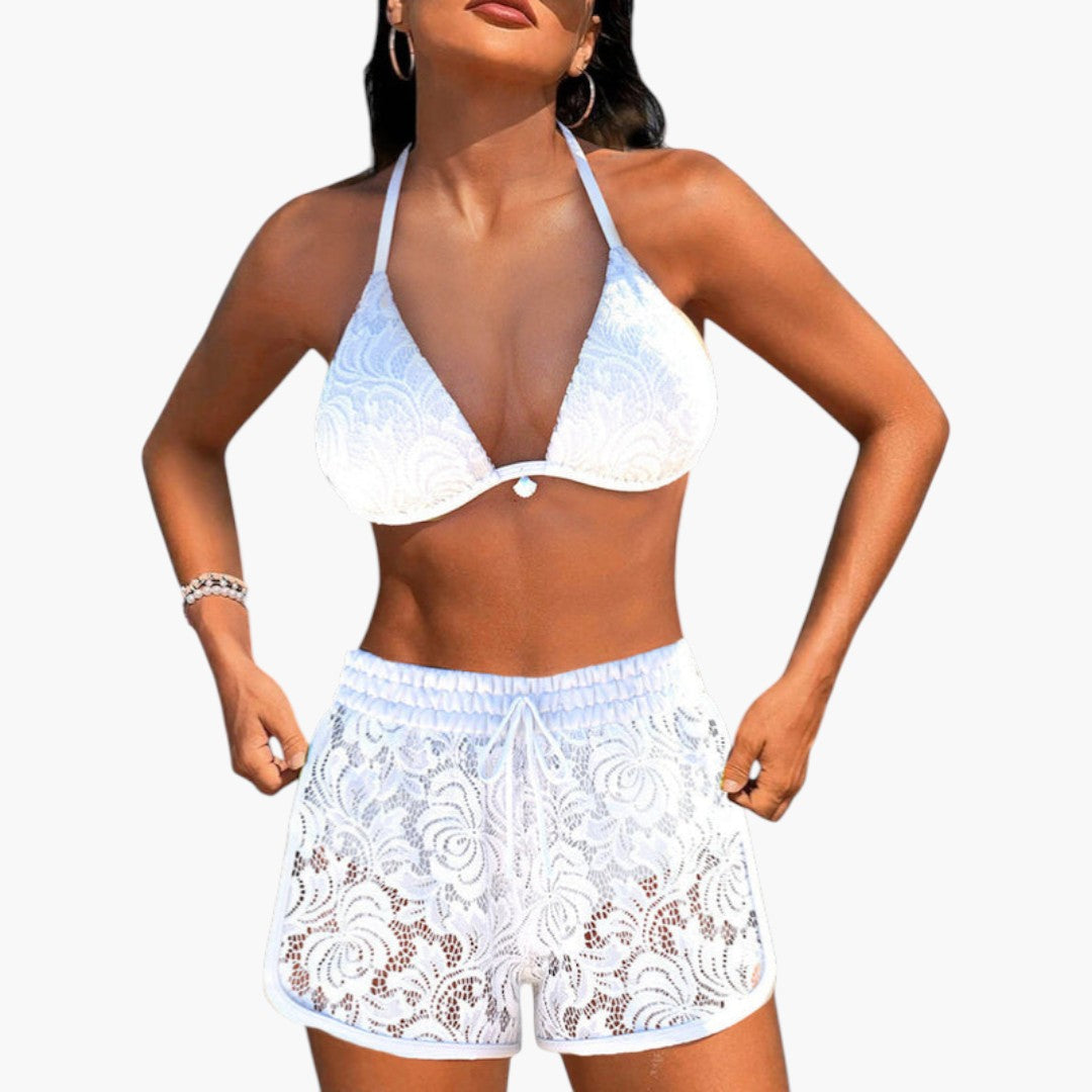 Sæt med bikini til kvinder med blonder shorts