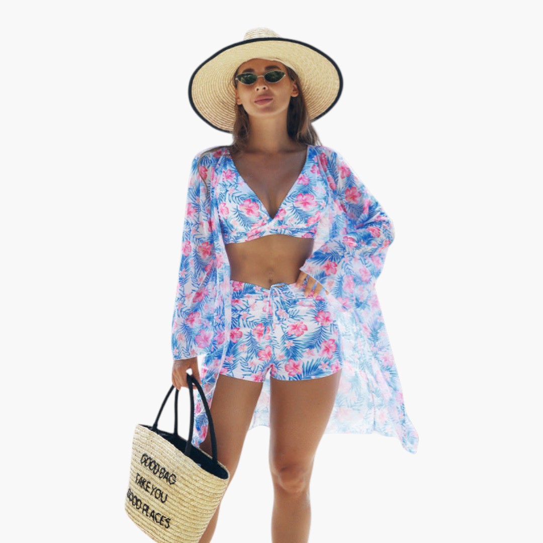 Zestaw bikini damski z górą w nadruk i szortami
