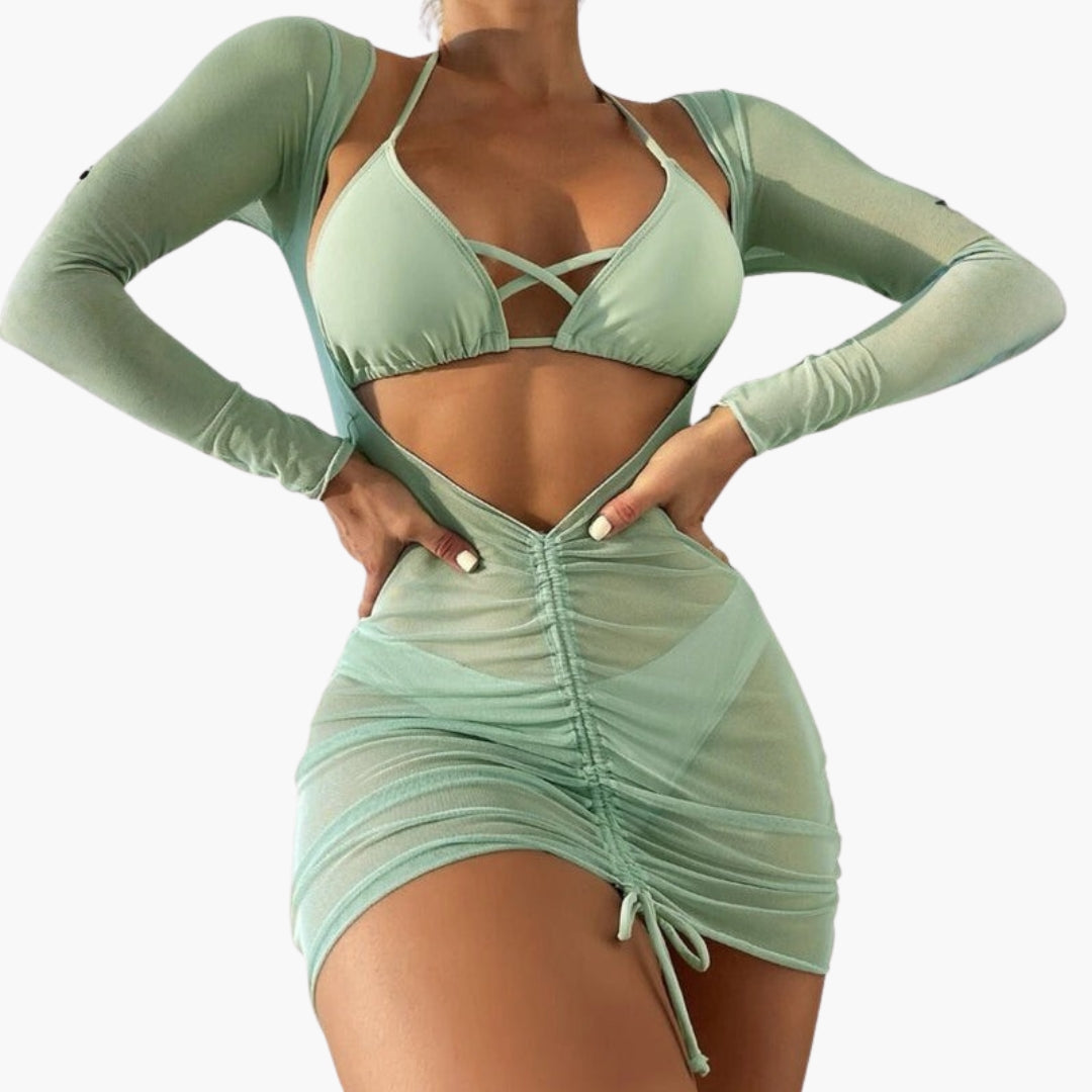 Three-piece women's swimsuit set with long gauze skirt