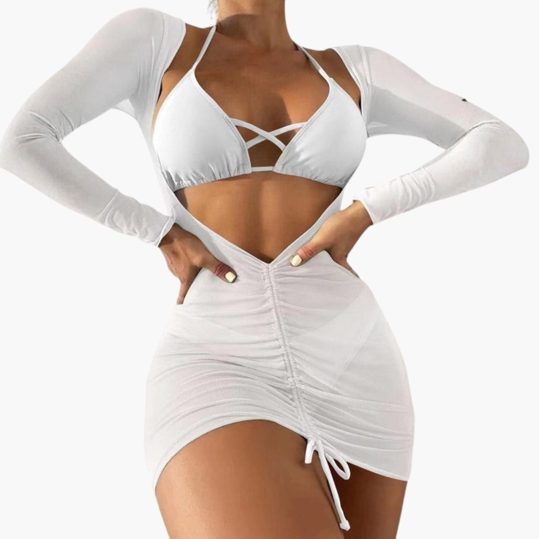 Three-piece women's swimsuit set with long gauze skirt
