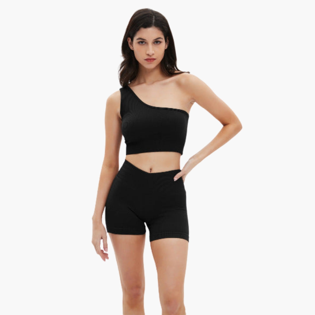 Conjunto curto desportivo feminino com top e calções canelados