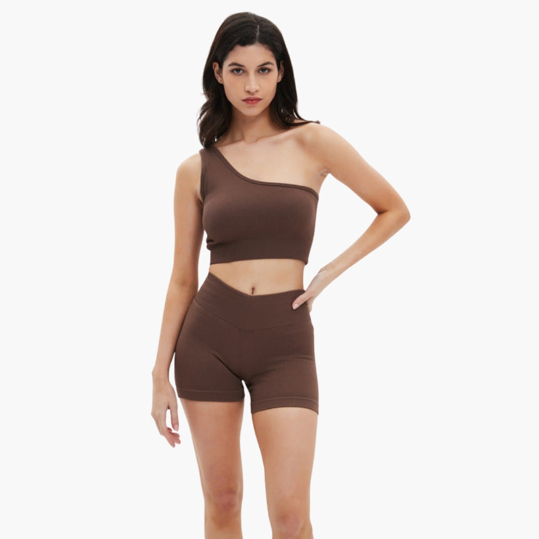 Conjunto curto desportivo feminino com top e calções canelados