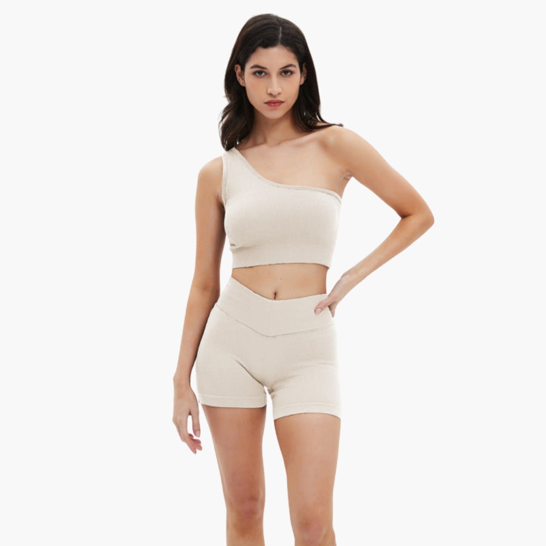 Conjunto curto desportivo feminino com top e calções canelados