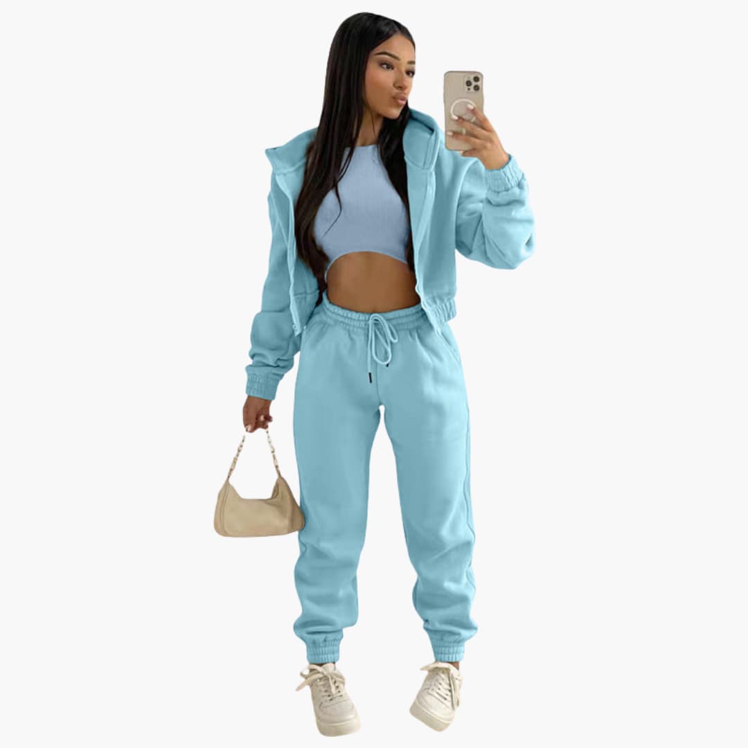 Women's sports set with long-sleeve top and drawstring pants