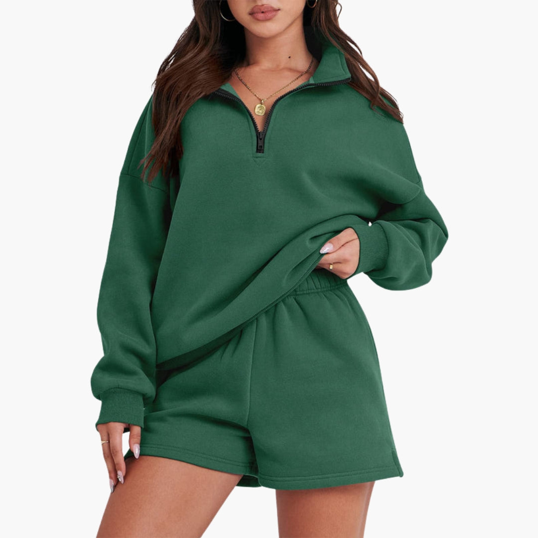 Conjunto de lazer feminino com gola alta e top com fecho éclair