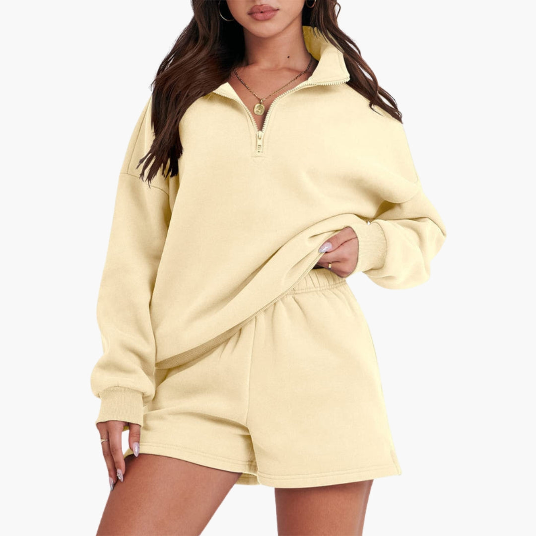 Conjunto de lazer feminino com gola alta e top com fecho éclair
