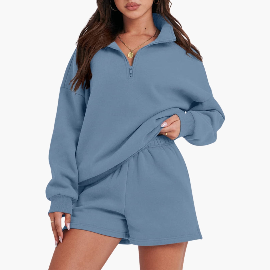 Conjunto de lazer feminino com gola alta e top com fecho éclair