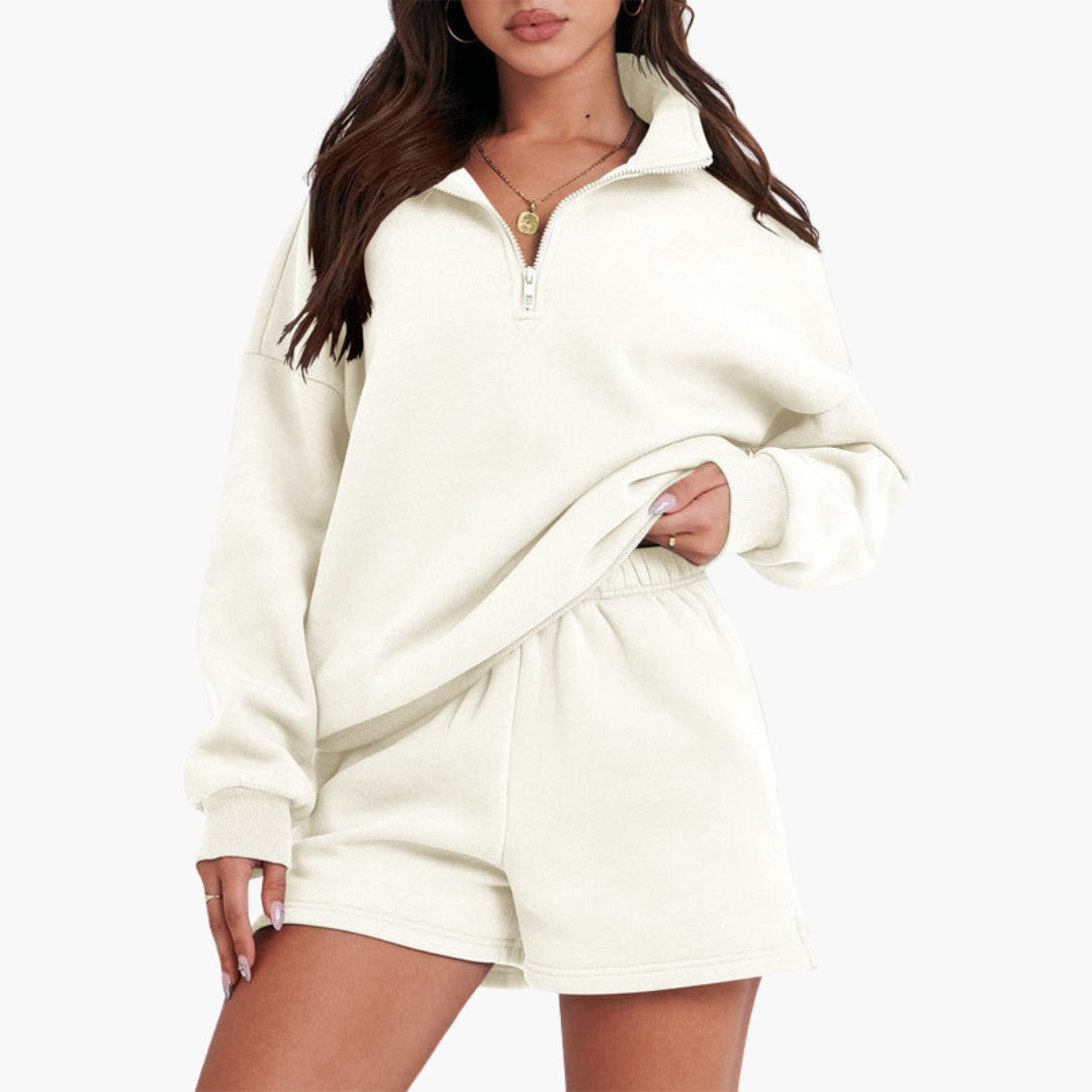 Conjunto de lazer feminino com gola alta e top com fecho éclair