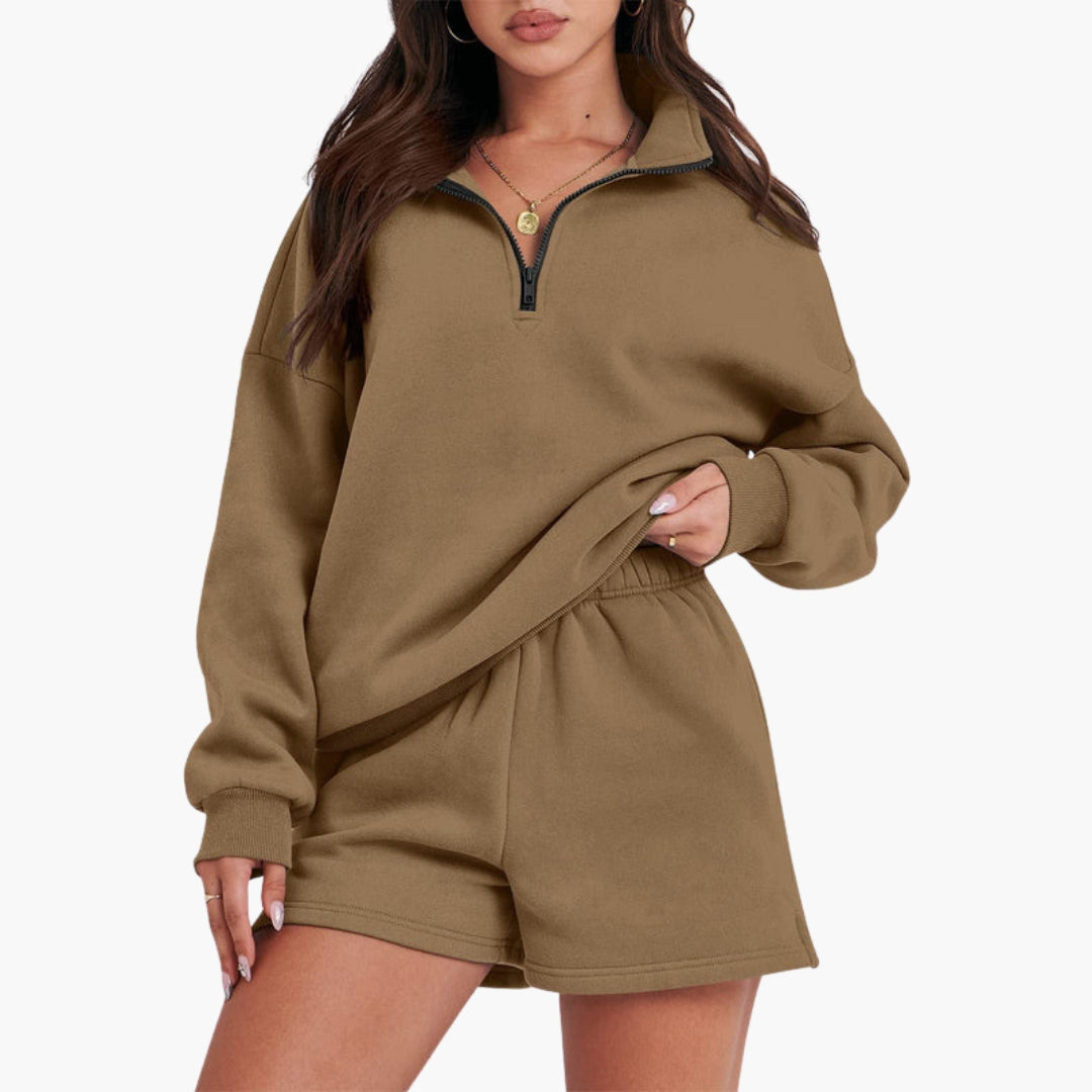 Conjunto de lazer feminino com gola alta e top com fecho éclair