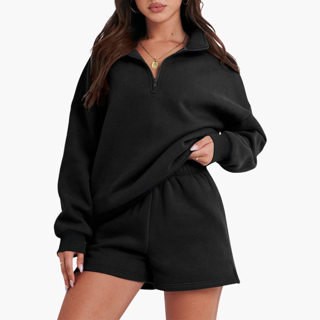 Conjunto de lazer feminino com gola alta e top com fecho éclair