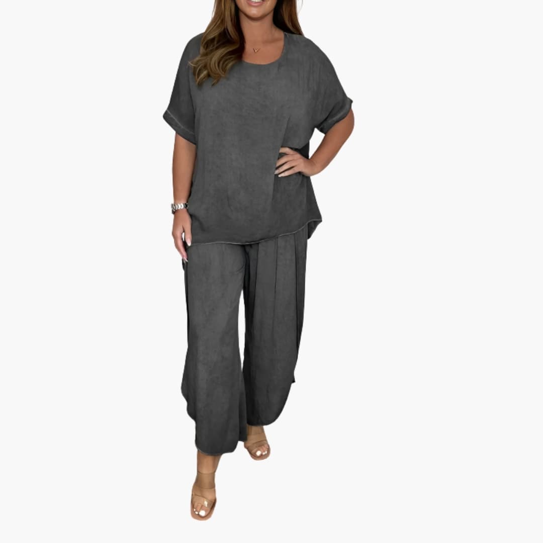 Women's two-piece set with loose top and wide pants