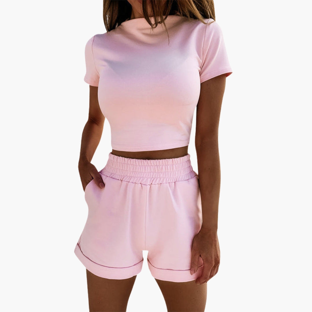 Conjunto de duas peças para mulher com top curto de mangas curtas