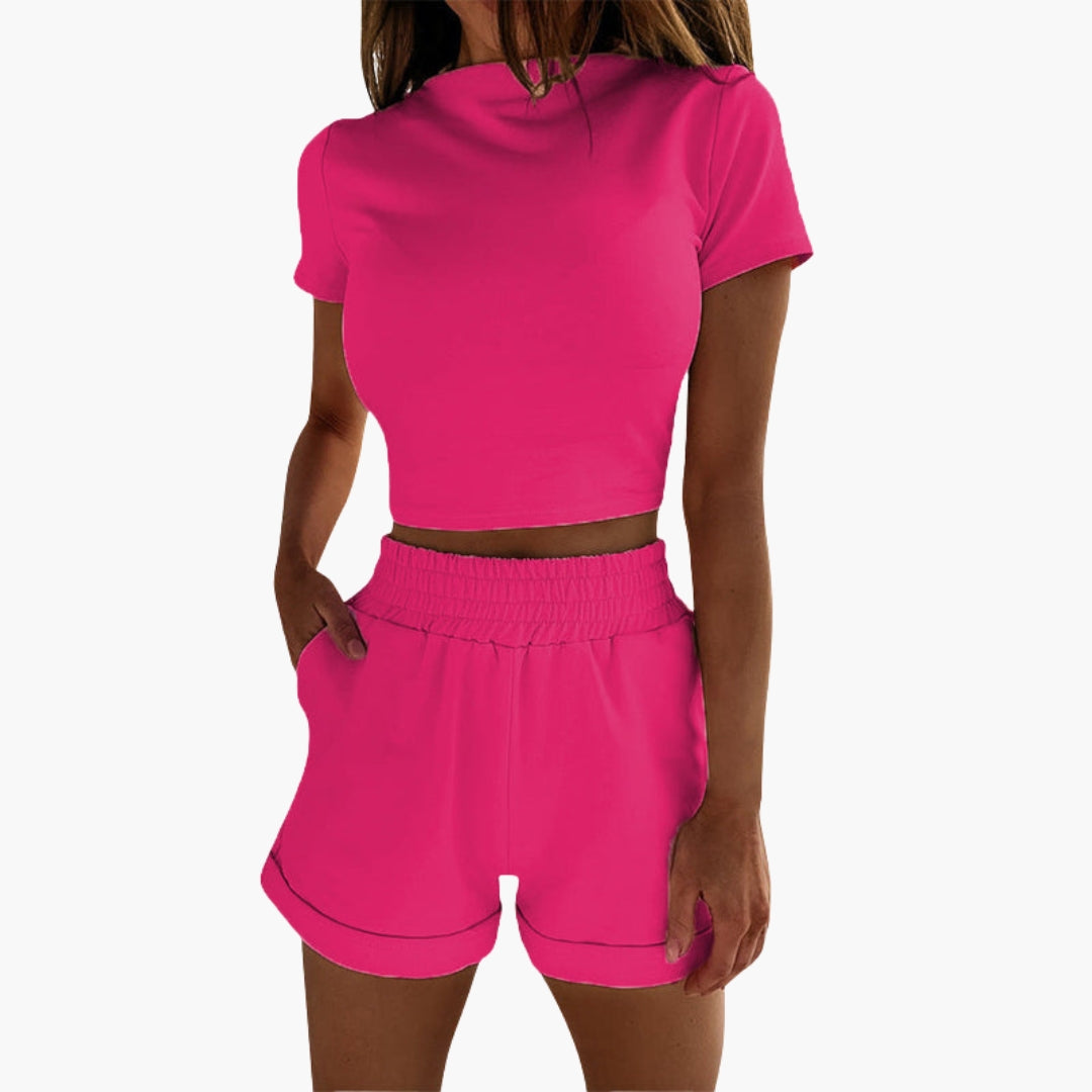 Conjunto de duas peças para mulher com top curto de mangas curtas