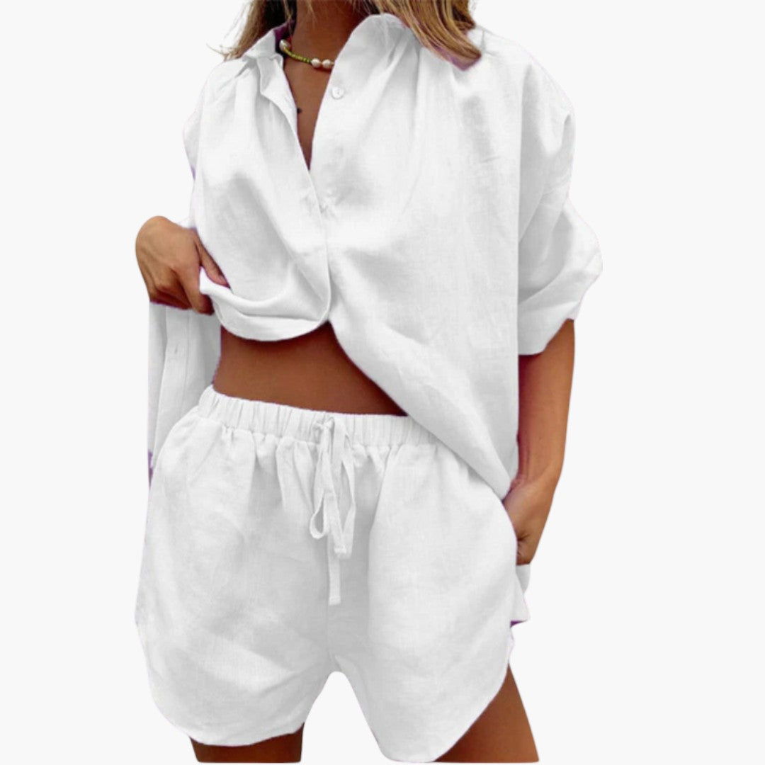 Two-piece women's set with a top featuring a button placket