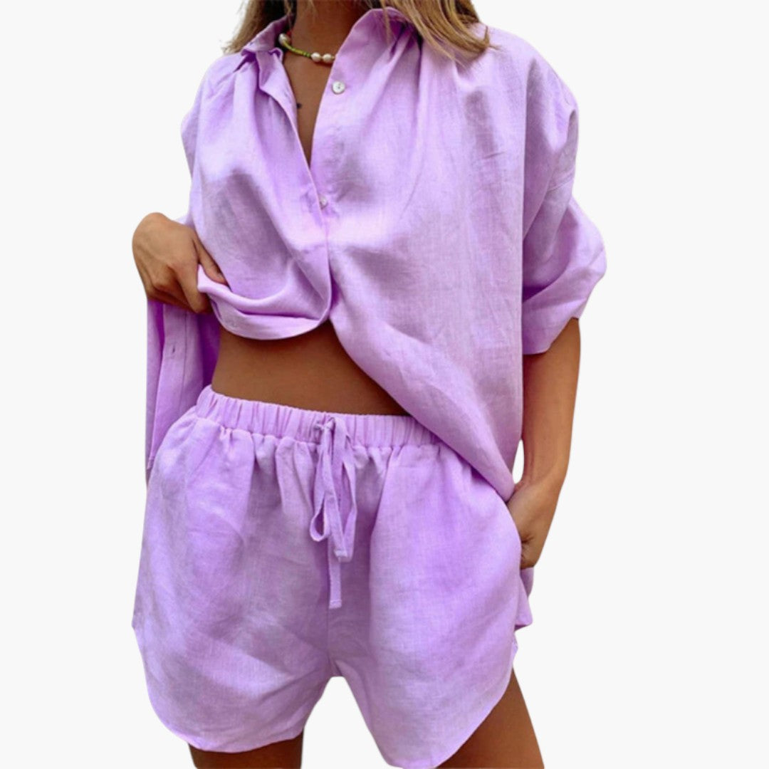 Two-piece women's set with a top featuring a button placket