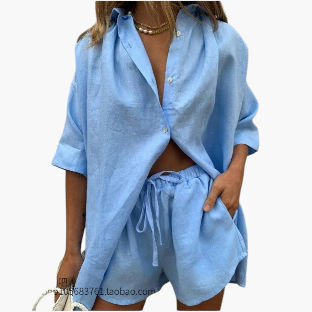 Two-piece women's set with a top featuring a button placket