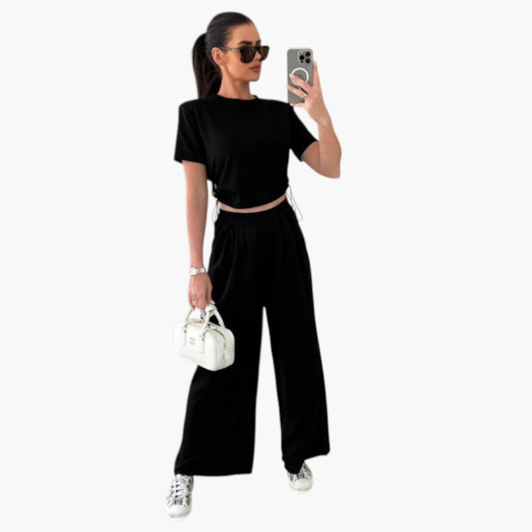Conjunto de duas peças para mulher com calças de pernas largas
